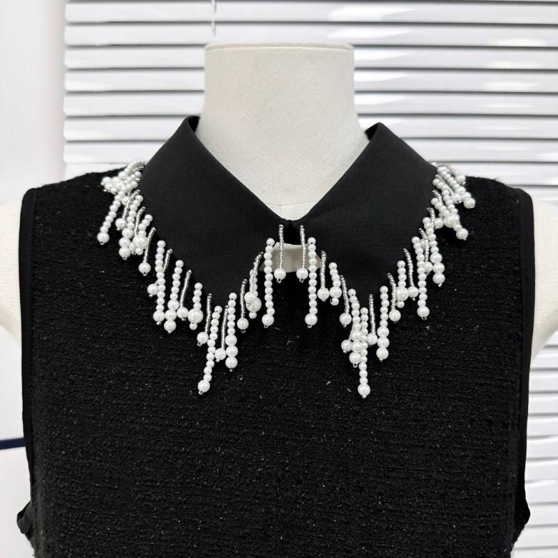 Elegant Pearls Beaded Tassels Trim Detachable Faux Collar for Women Fashionable Bib Choker Necklace Clothing Accessory