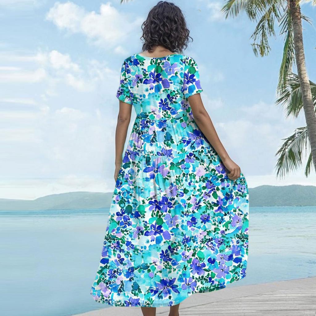 Women's Casual Loose Bohemian Floral Print Short Sleeve Dress
