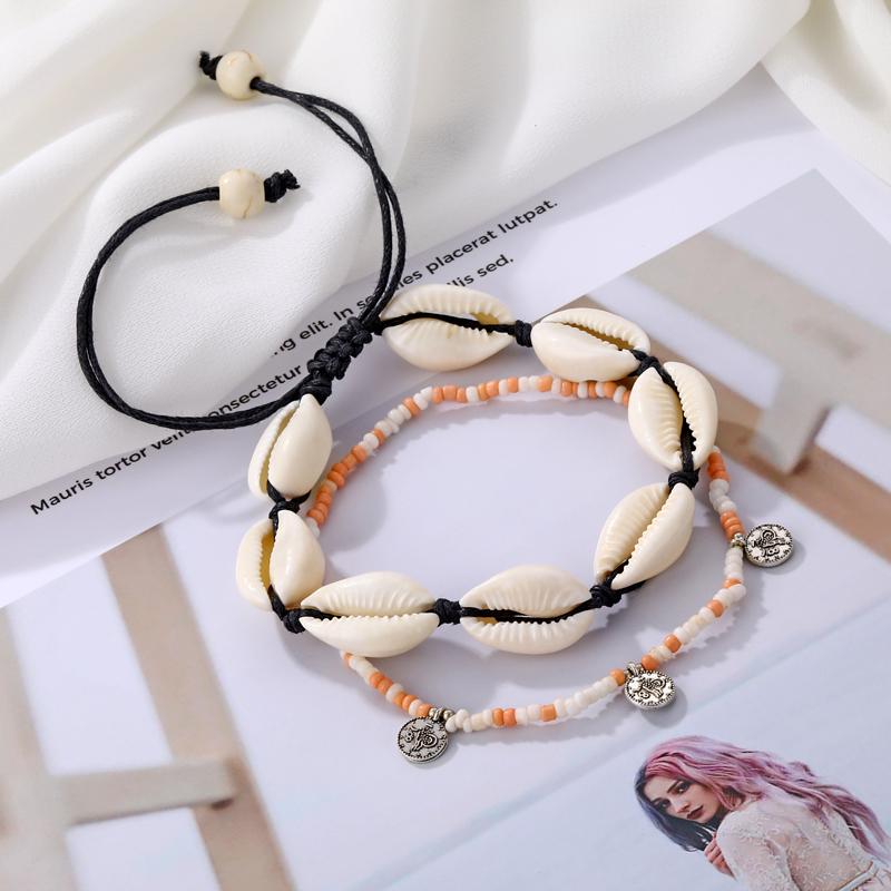 2 Pcs/set Simple Colorful Beads Acrylic Shell Cotton Rope Anklet Set Women Fashion Jewelry Gift