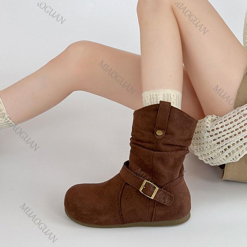 Fashion Retro Suede Buckle Western Boots Fashion Casual Ladies Flat Bottom Slip On Solid Color Short Botines Spring Autumn Women's Shoes
