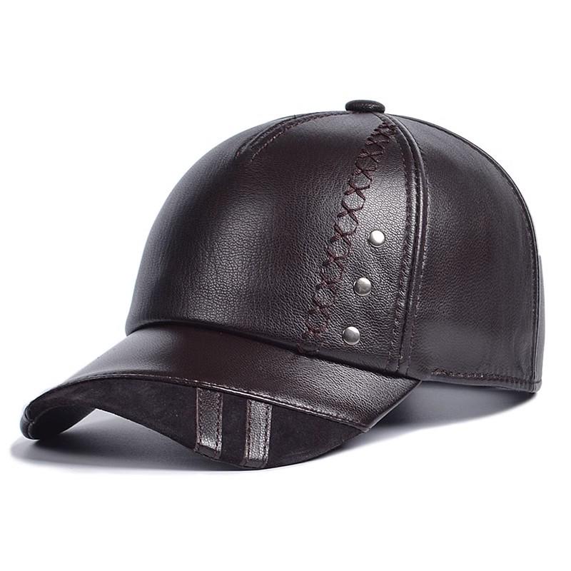 

Men s Trendy Sheepskin Leather Baseball Cap: Autumn/Winter Outdoor Casual Duckbill Hat for Middle-Aged & Elderly Adjustable (55-60cm) темно-коричневого кольору