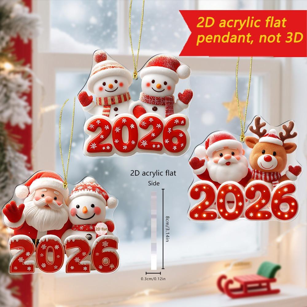 2D Flat Acrylic Cute Cartoon Santa Claus Snowman Elk Pendant 2026 Happy New Year Gift Xmas Tree Hanging Ornament Home Xmas Decor