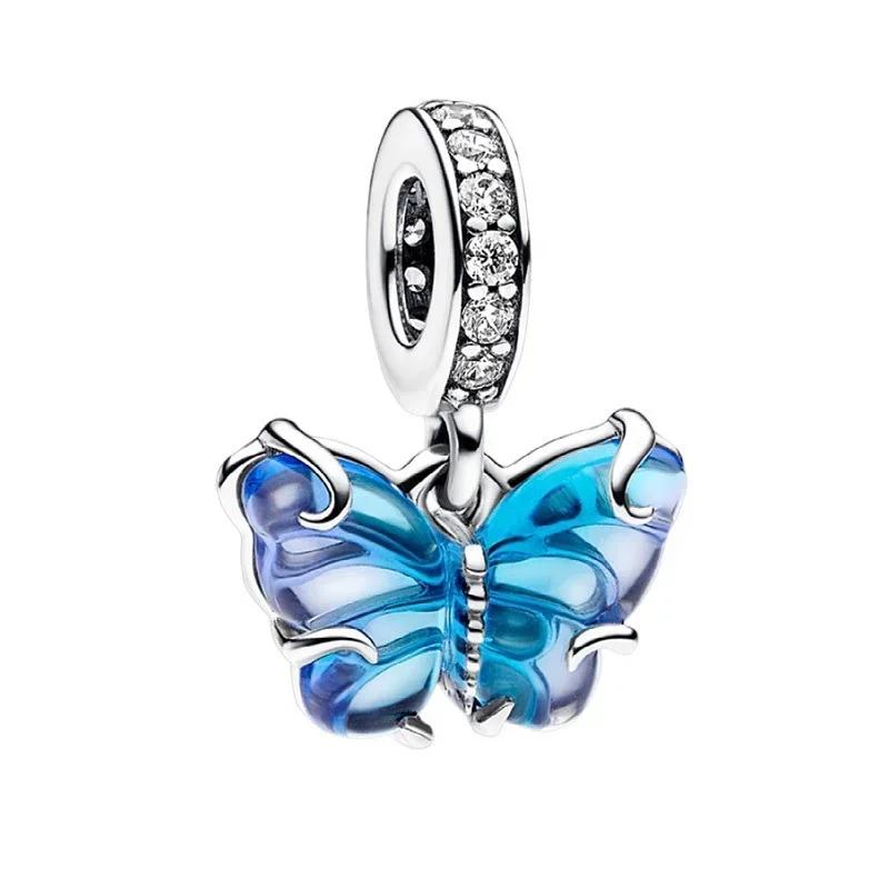 Blue Mirror Luminous Dangle Charms Copper Moon Flower Butterfly Beads Charms For Original Diy Bangle Fine Jewellery