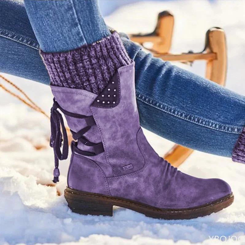 Fashion Women's  Boots Winter 2025 Side Zipper Snow Boots Lace Up Women Shoes Size 43 Knitting Retro Ankle Boots Botas De Mujer