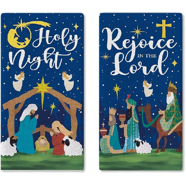 Christmas Nativity Christian Kitchen Dish Towels Set of 2, Religious Xmas O Holy Night Jesus Drying Hand Towel Baking Cooking Cloth, Winter Holiday Christian