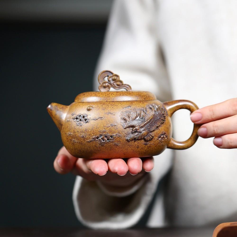 Handmade Yixing Dragon Bone Gold Sand Kung Fu Tea Set by Renowned Artist