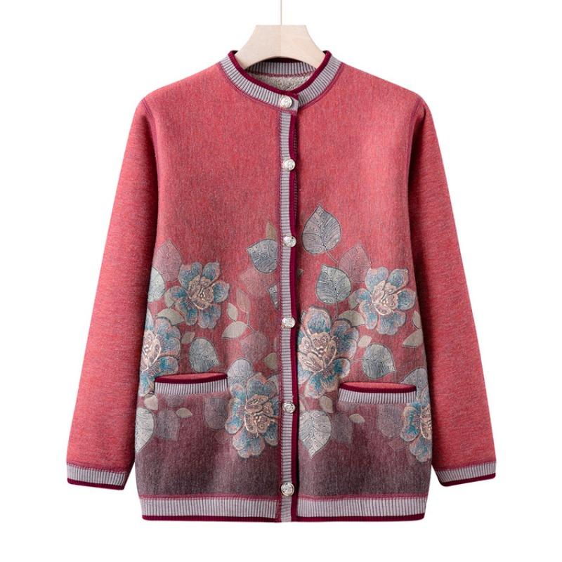 Grandma Winter Velvet Knitted Sweater Medium and Old Cardigan Sweater Female Old Lady Autumn New Clothes Mother Coat