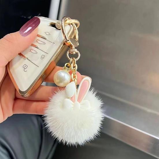 Keychain Rabbit Ear Soft Plush Ball Charm Key Chain Car Keys Bags Backpacks Kids Travel Accessories Stress Relief Gift