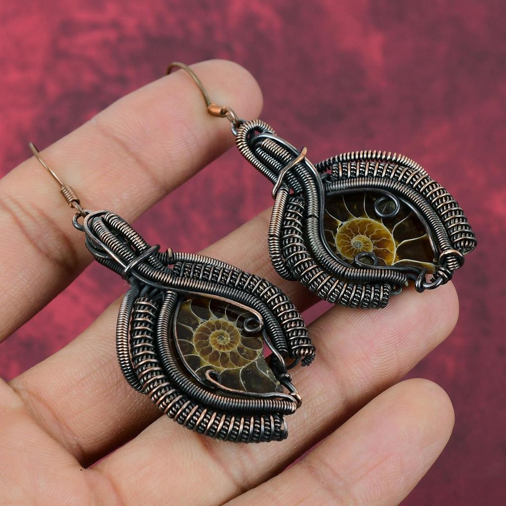Ammonite Fossil Earring Copper Wire Wrapped Earring Handmade Copper Jewelry Original Gemstone Earring Wire Wrapping Jewelry Gifts For Mother