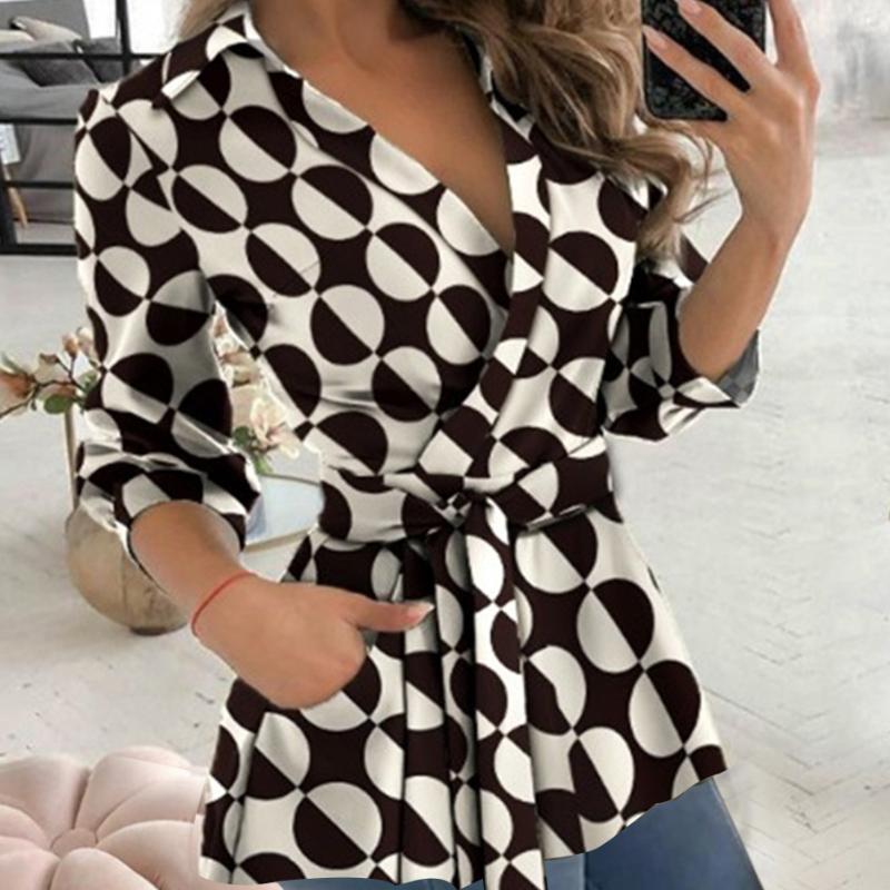 Women's Autumn Printed Long Sleeve V-Neck Belted Shirt