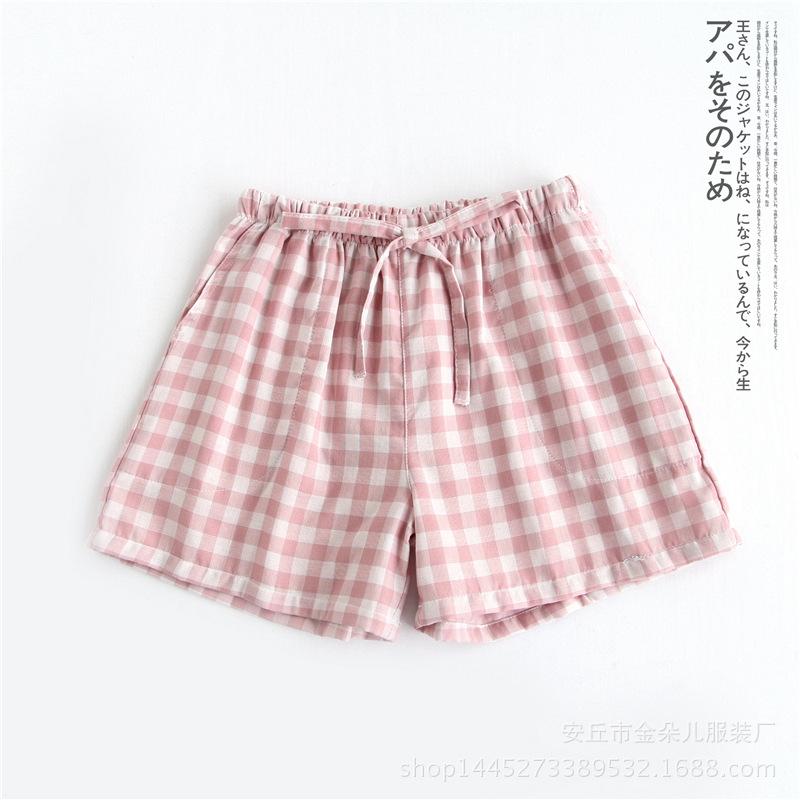 Paarshorts Sommerpyjama Damen neue dünne Pyjamahose kariert japanisch frisch mehrfarbig doppellagiges Baumwollgarn Hausanzugshose