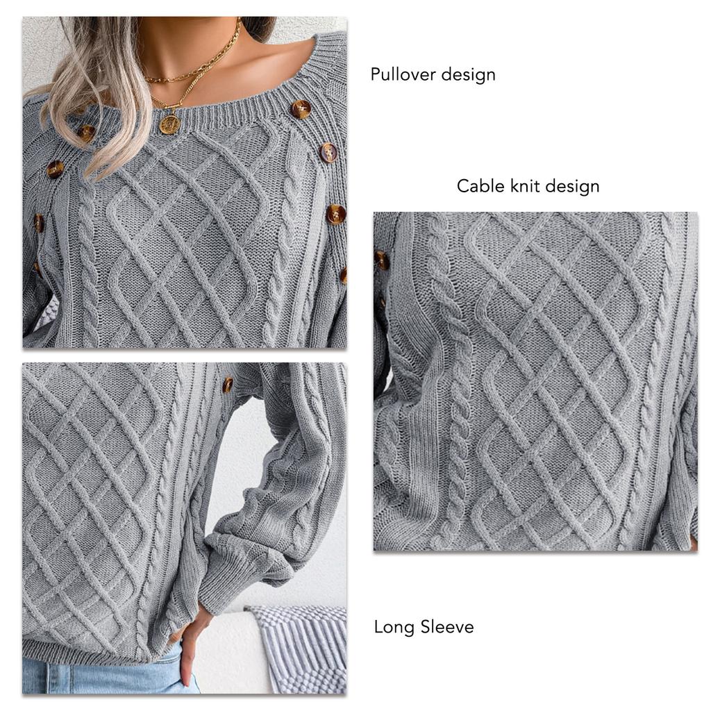 Women Cable Knit Sweater Long Sleeve Round Neck Pullover Loose Pure Color Women Knit Sweater for