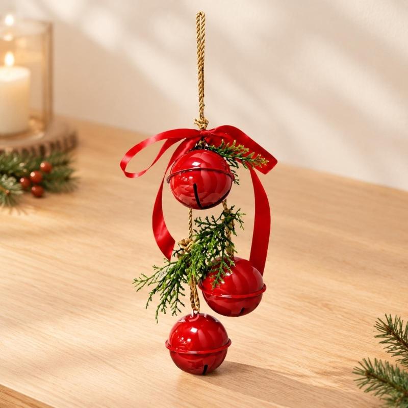 Iron Christmas Bell Ornament, Three Staggered Bells with Ribbon and Pine-Look Trim for Wreath Holiday Displays