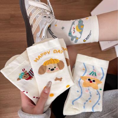 Cute Socks Mid-Leg Socks Pure Cotton Spring And Autumn Cartoon Student Puppy Summer Thin White Stockings