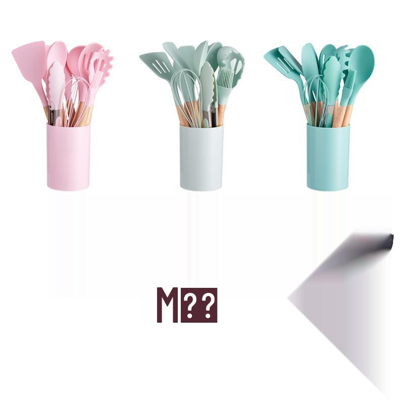 Sada kuchyňského náčiní: 12dílná žáruvzdorná silikonová sada s dřevěnými rukojeťmi a úložným kontejnerem