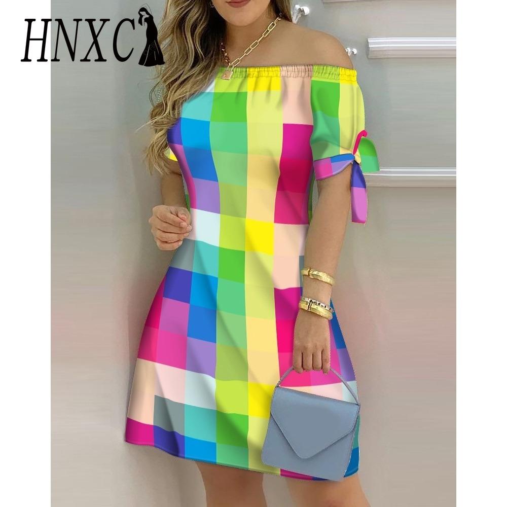 

HNXC Женское модное платье с открытыми плечами, с коротким рукавом, с принтом в виде банта, летние пляжные платья больших размеров XXXL
