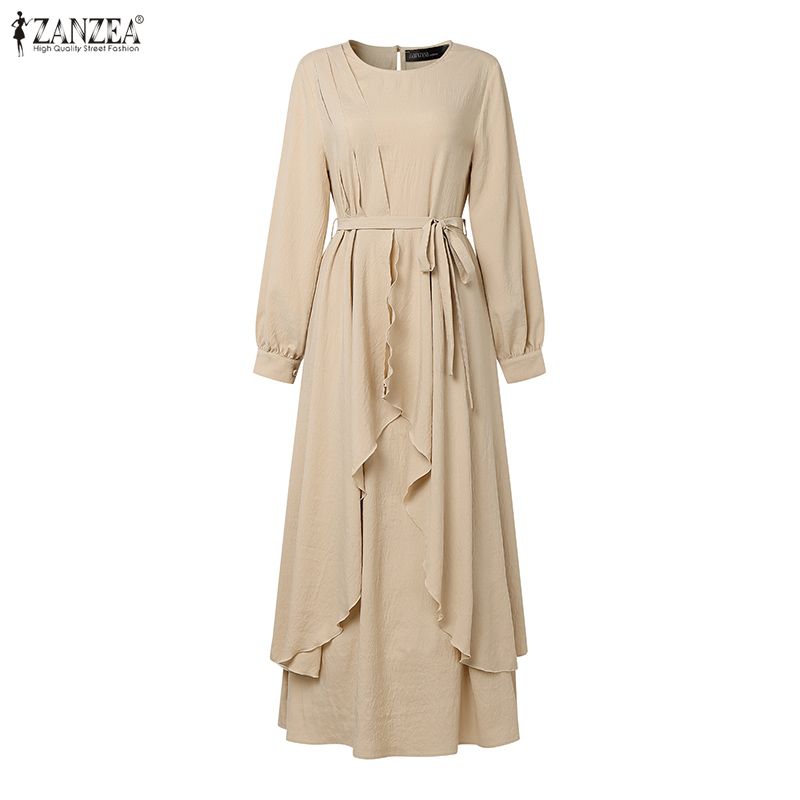 ZANZEA Women Casual Round Neck Long Sleeve Loose Muslim Dress