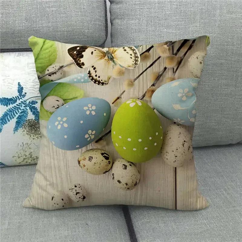 Easter Cushion Cover Cute Bunny Eggs Printed Pillow Covers 18x18 Inches Easter Decorations Hare Rabbit Flower Linen Pillowcase