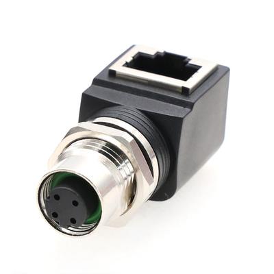 Eonvic M12 Female To RJ45 Ethernet Extension Industrial Connector Female Right 4-Pin Connector, D-Code (4-Pin D-Code Non-Rotating, Angle)