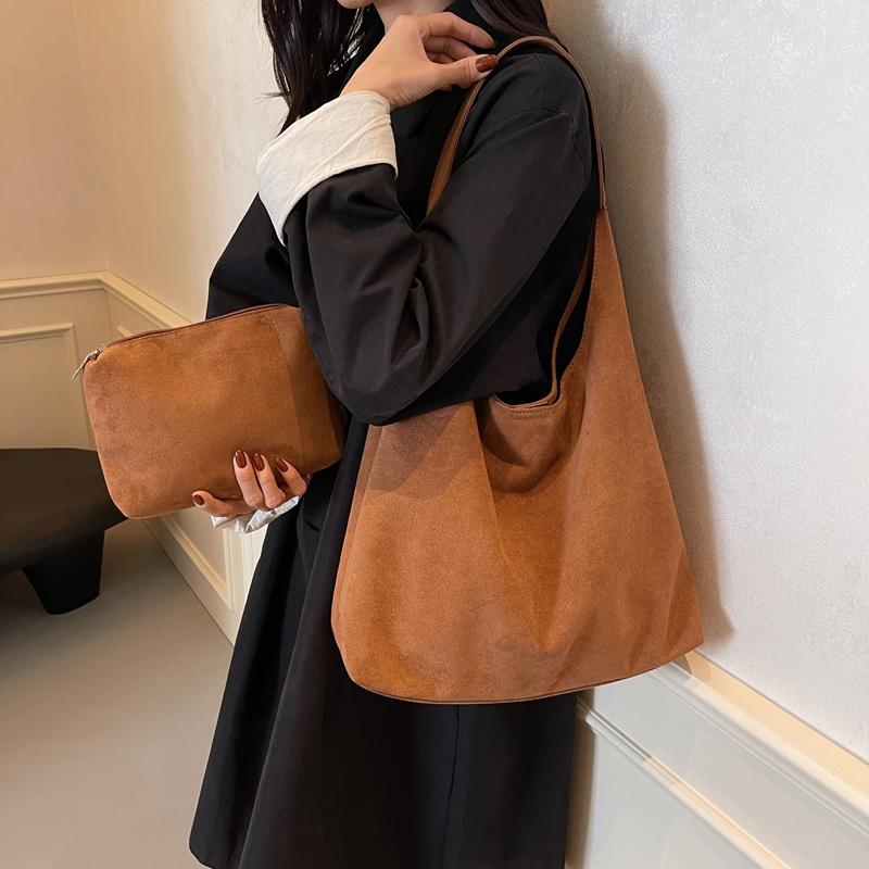 Casual Schoudertas Set voor Dames 2-IN-1 Suède Effen Kleur Grote Capaciteit Shopper Tote Winter Nieuwe Handtassen Vrouwelijk