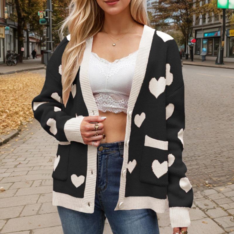 Women Autumn Winter Long Sleeve V Neck Love Heart Two Pocket Soft Breathable Loose Cardigan Sweater Coat