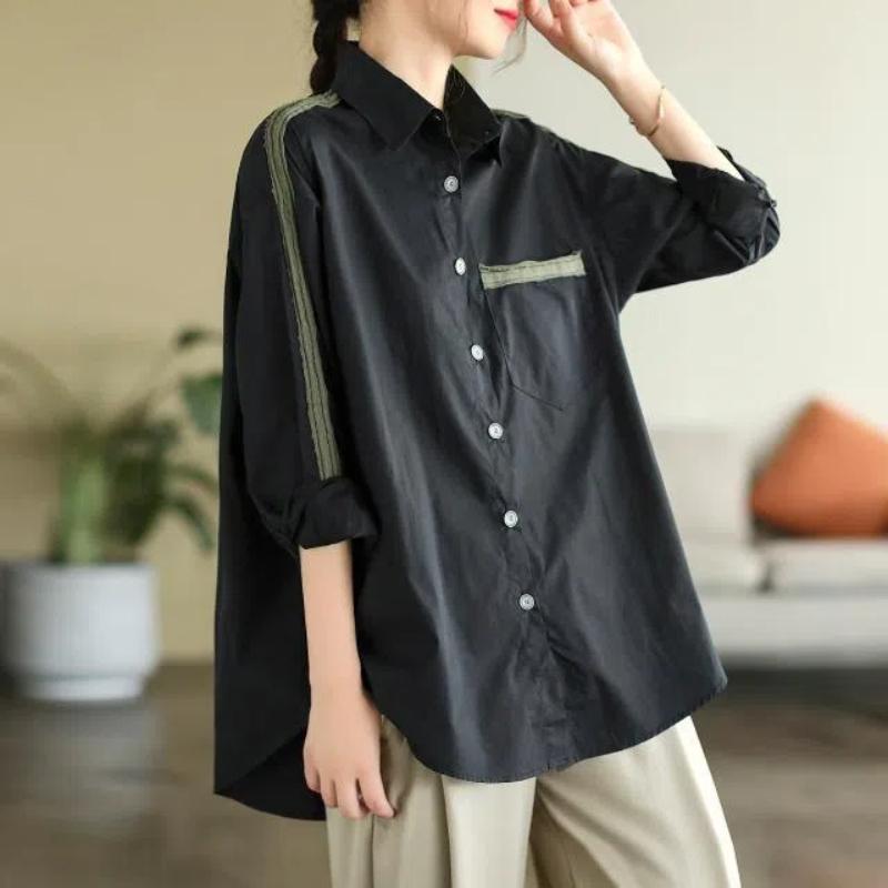 

Рубашка с длинным рукавом в стиле колор-блок, ретро, литературная, свободного кроя, повседневная, нишевая XL чёрный