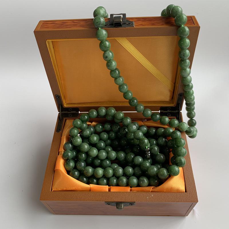 Natural Hetian Jade Jasper Necklace with Round Beads in Cabbage Green - 10mm