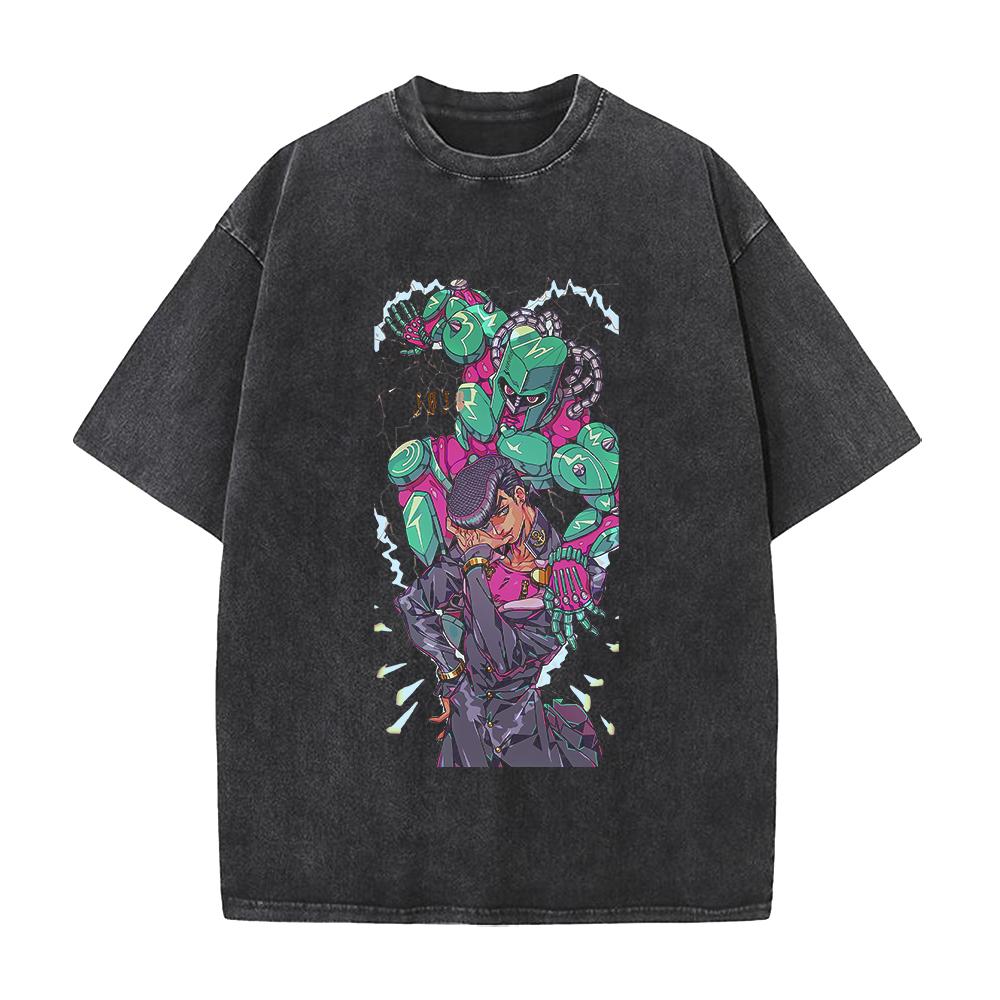 Anime JoJos Bizarre Adventure Higashikata Jousuke Graphic T Shirt Men Casual Cotton Tshirt Vintage Washed Tshirt Harajuku Tops