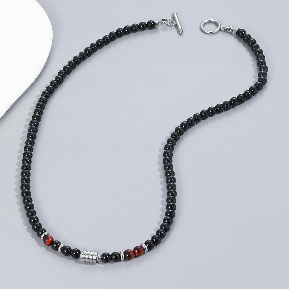 Men's Beaded Necklace with Stainless Steel and Tiger's Eye Stone Beads.