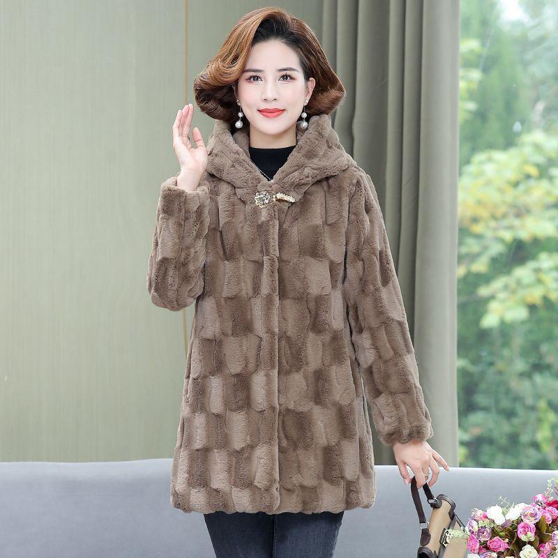 New mother winter imitation mink velvet imitation fur coat medium and old women's hooded thickened imitation mink coat