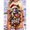 Fashion Comfortable Versatile Breathable Dress Cute Cartoon Printed New Year Dress Women Short Sleeve O-Neck Loose Casual Dress