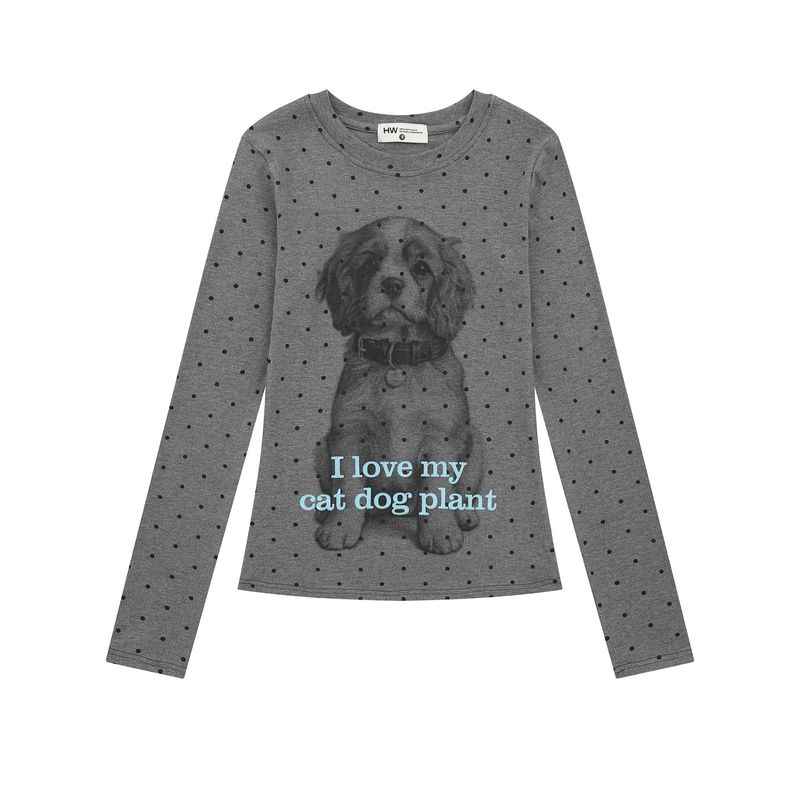 Shiyiyue Puppy Polka Dot Print Round Neck Top for Women, Autumn Casual Waist-Cinching Regular Shoulder Design Long Sleeve