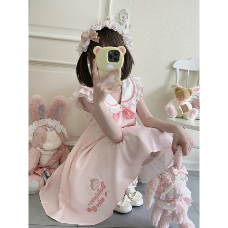 Süßes Kawaii Spitze Rosa A-Linie Midi Kleid Damen Y2k Niedliche Punkte Schleife Design V-Ausschnitt Ärmelloses Kleid 2024 Sommer Japanische Mode