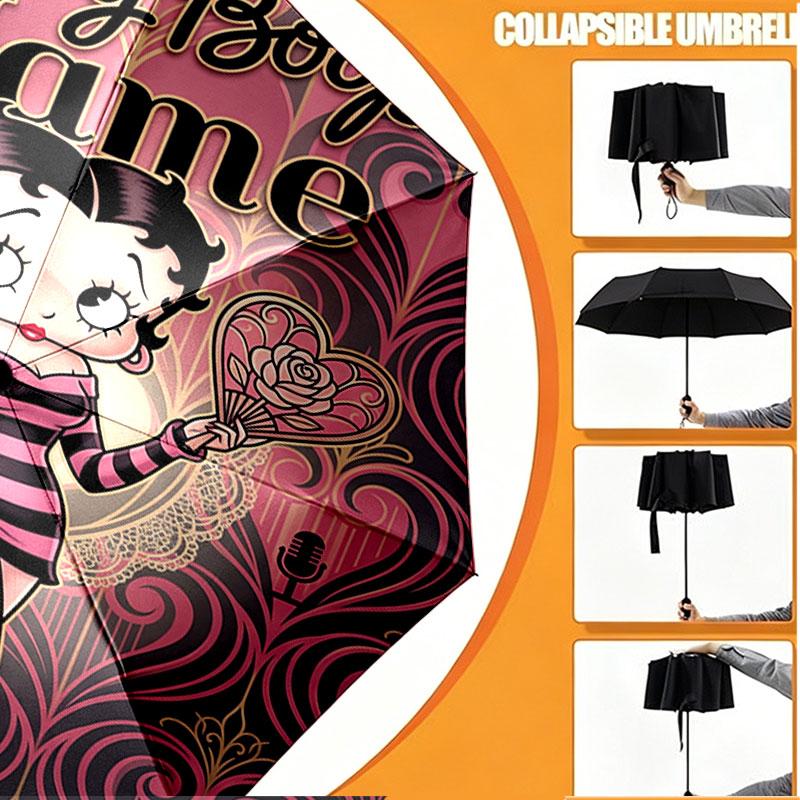 Spersonalizowany Parasol z Nadrukiem Betty Boop z Imieniem, Automatyczne Otwieranie i Zamykanie, Wytrzymały Stelaż z 8 Żebrami, do Codziennego Użytku, na Kemping i Piesze Wycieczki, Prezent Urodzinowy