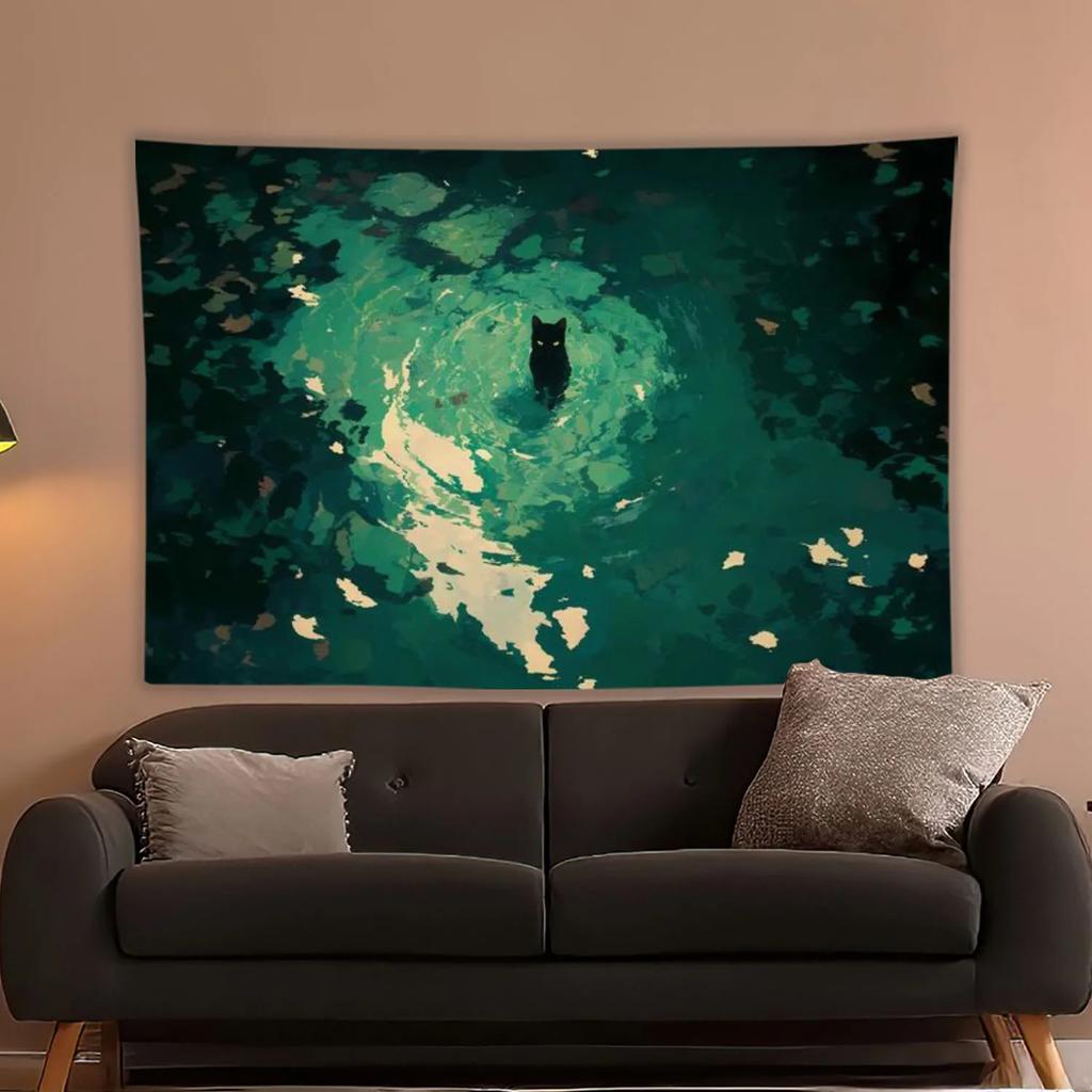 Dark Cute Tapestry, Tarot-Patterned Black Cat Witchcraft Style, Gothic Bedroom/Study/Cozy Mysterious Space Decor