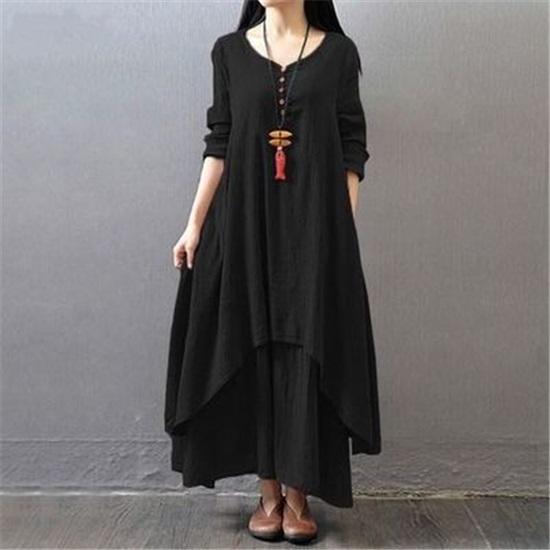 Women's Solid Color Long Sleeves V-neck Elegant Retro Cotton and Linen Long Dress