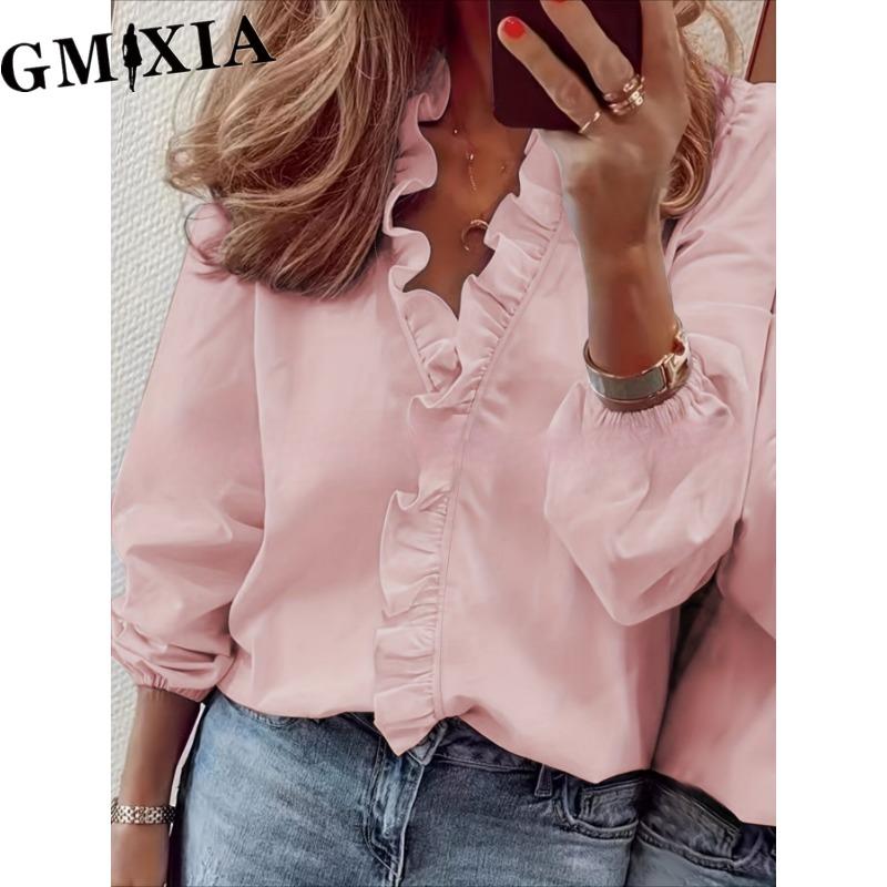 GMXIA Women's Fashion Casual Leisure Solid Color Print Long Sleeve V Neck Blouses & Shirts