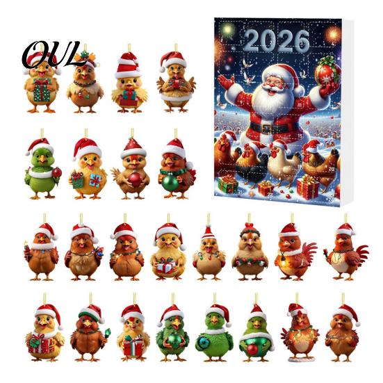 Christmas Tree Decor Chicken Advent Calendar 2026, 24 Days Countdown with 2D Flat Surprise Acrylic Ornament, Cartoon Hanging Pendant for Tree, Holiday