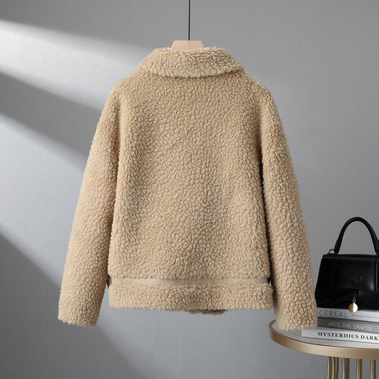 Winter Short Lambswool Coat Women Fashion Granular Jacket Turndown Collar Pocket Zipper Outerwear