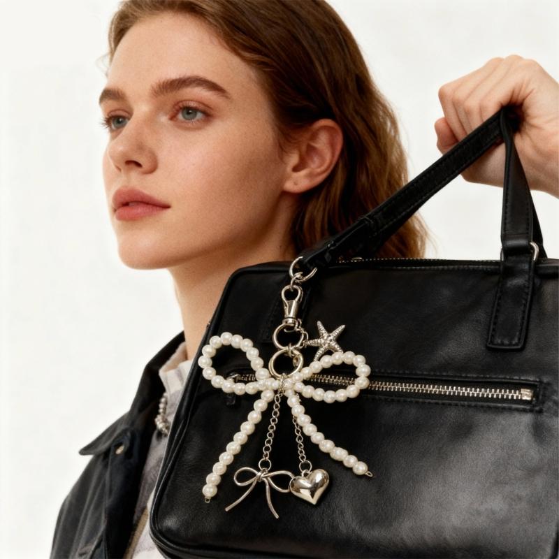 Delicate Bows Keychain Key Holder Featuring Pearls Accent And Starfish Design Fashionable Wallet Handbag Charm