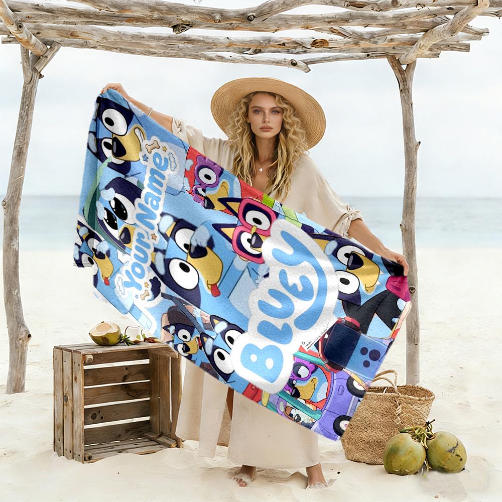 Bluey Customize Your Name Beach Towel Super Soft & Absorbent For Beach Bathroom Outdoor Swimming Pool Camping Picnic Yoga Diving Vacation Accessories