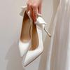 Fashion Elegant Satin Bowknot High Heels Pumps for Women Sexy Pointed Toe Stiletto Heeled Red Bridal Wedding Shoes Woman White Pumps