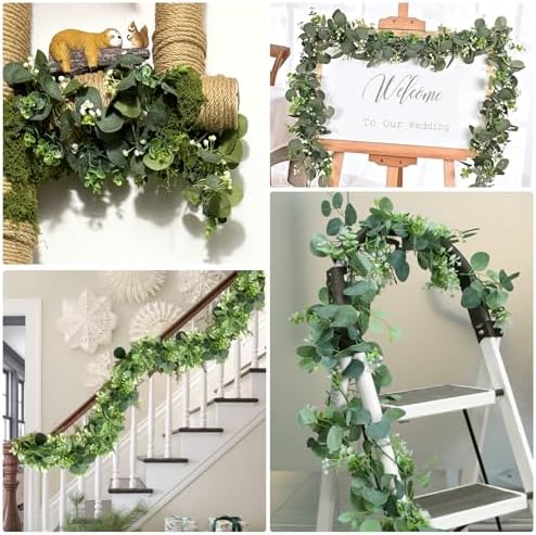 AIMEKE 2 Pack Artificial Eucalyptus Garland 6 Ft Faux Greenery Vines Weatherproof White Flowers for Wedding Garden Indoor Outdoor Decor