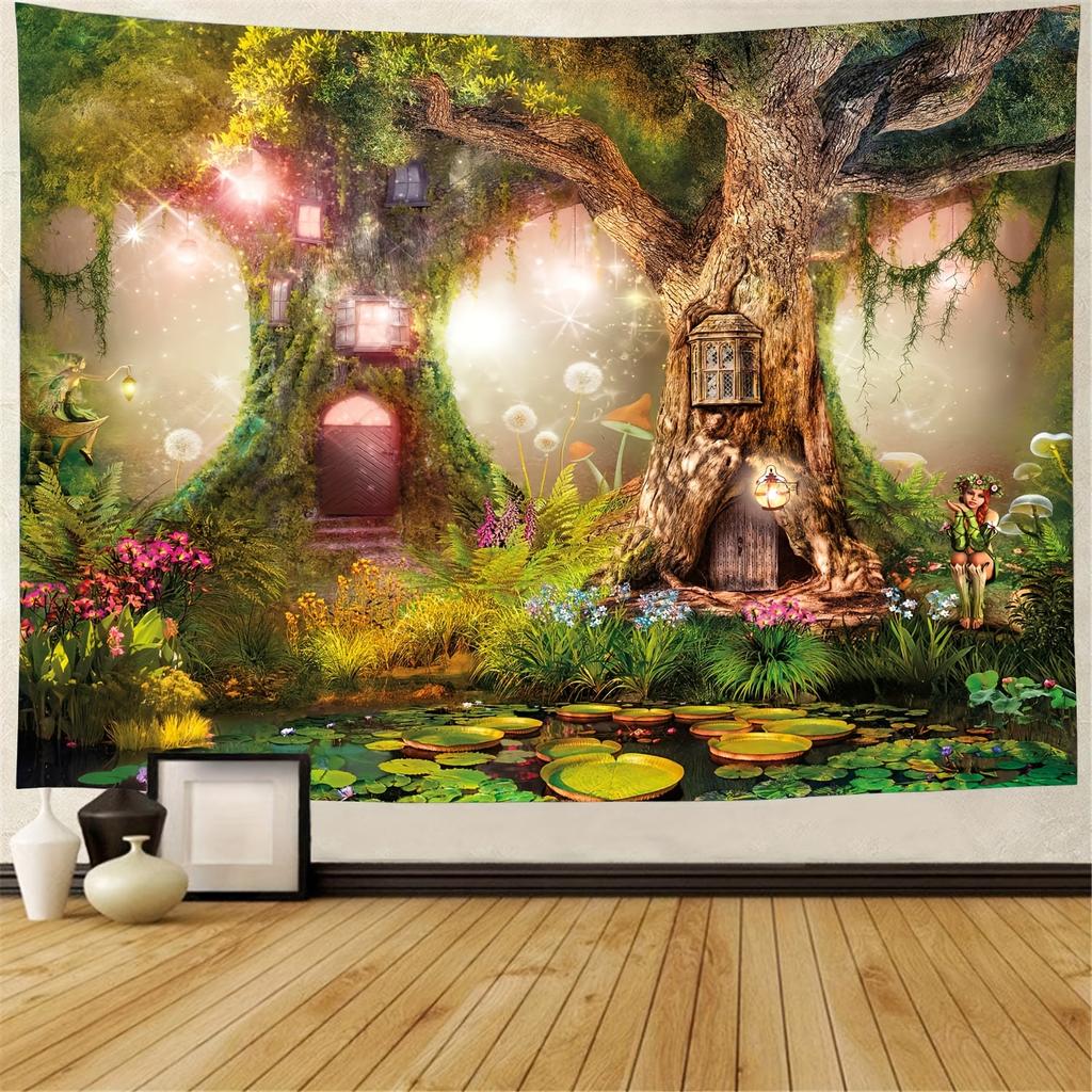 VIKAMA Fairy Forest Fairy Tale Tapestry Treehouse Children's Room Magic Corner Theme Fantasy Living Room Decor