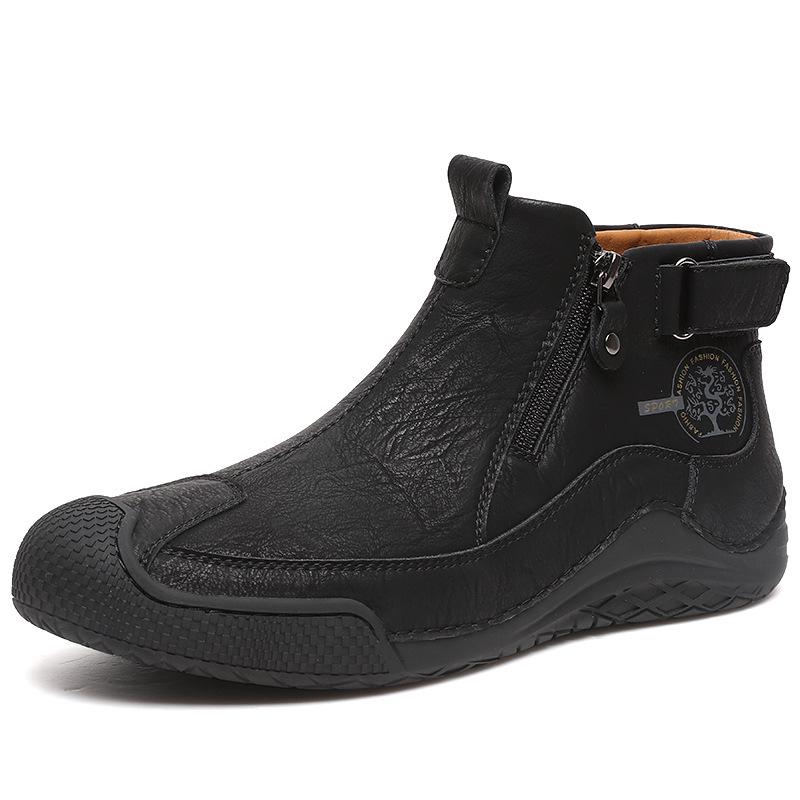 Men's Autumn Mid-top Casual Leather Boots with Side Zipper and Thick Sole