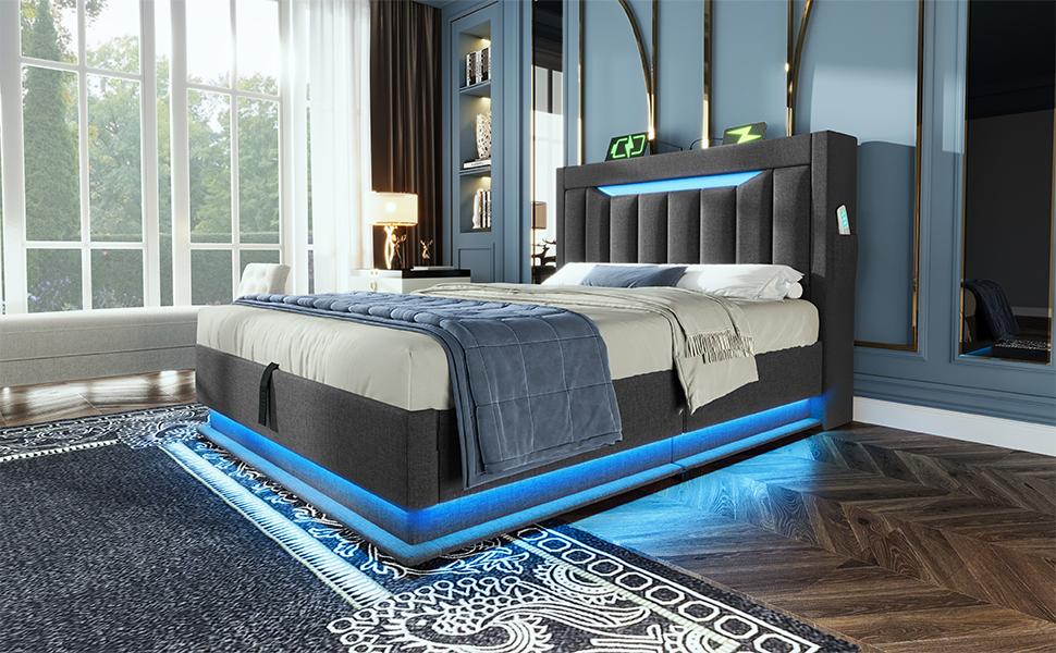Cama individual tapizada de 90x200 cm, Cabecero con puertos USB tipo C, Iluminación LED en cabecero y piecero, Almacenamiento hidráulico, Gris, Lino (Sin colchón)