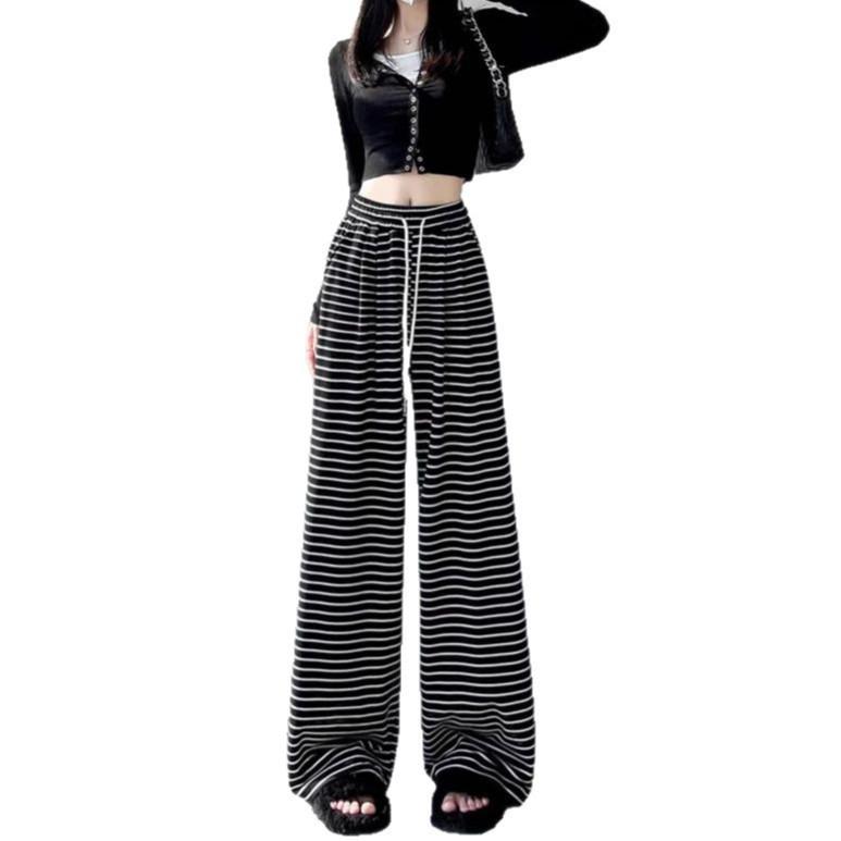 Women's Soft Glutinous High-Waisted Striped Wide-Leg Pants - Spring/Autumn 2025