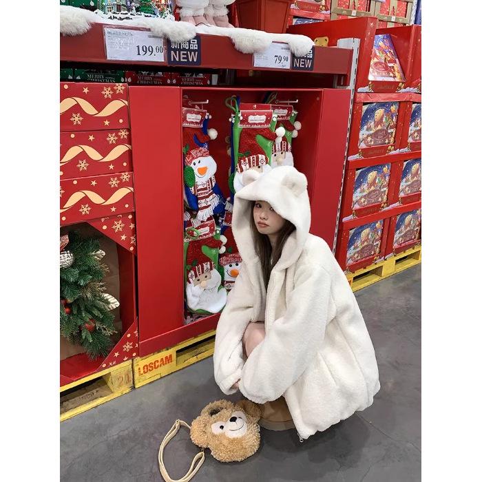 

Women s Versatile Mid-Length Plush Jacket with Cute Bear Ears - 2025 Autumn/Winter Collection Extra Large слоновая кость