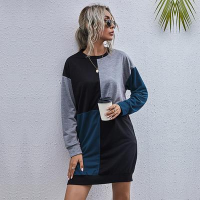Elegant Women Winter Autumn Long Sleeve Hoodie Patchwork O Neck Dress Fashion Straight Mid-Length
