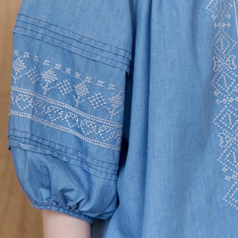 Maxza Ethnic Embroidery Puff Sleeve Denim Blouse Ze07qb006nh
